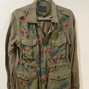 Sanctuary Utility Jacket Floral Front Linen Anorak Olive Green Blend Size XS